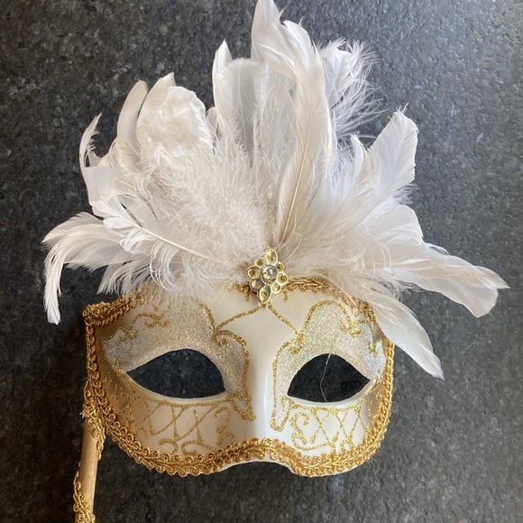 Holding Stick Party Mask | Feather Masquerade Mask White Gold! - Picture 2 of 2